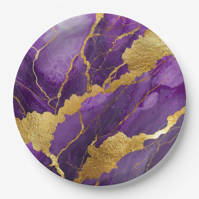 Purple Marble Pattern with Gold Paper Plates (Front)
