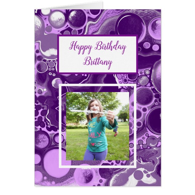 Purple Marble Photo Birthday   Cards (Front)