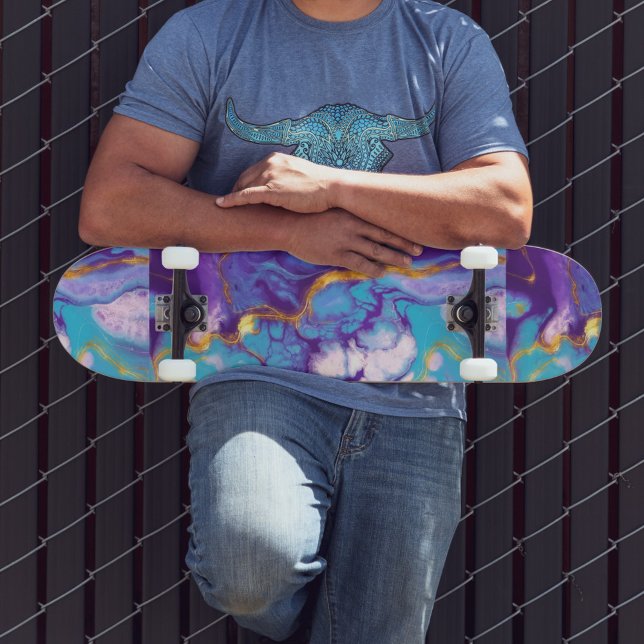 Purple Marble Skateboard (The design appears to be created using a fluid art technique, with swirling, organic shapes.)