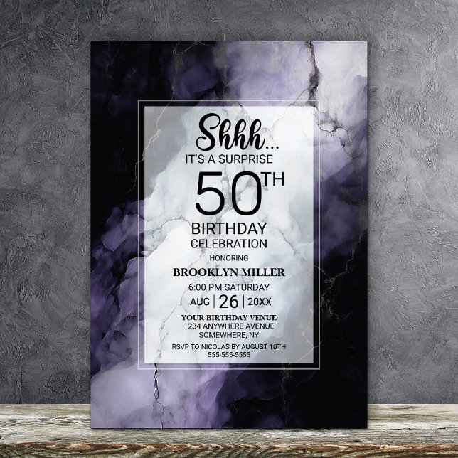 Purple Marble Surprise 50th Birthday Party Invitation (Creator Uploaded)