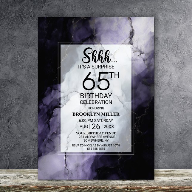 Purple Marble Surprise 65th Birthday Party Invitation (Creator Uploaded)