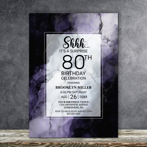 Purple Marble Surprise 80th Birthday Party Invitation