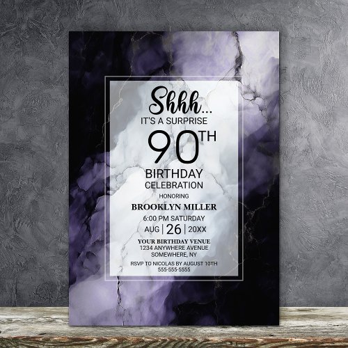 Purple Marble Surprise 90th Birthday Party Invitation