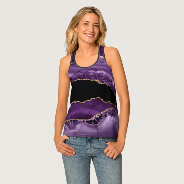 Purple Marbled Agate and Black With Gold Glitter Tank Top (Front Full)