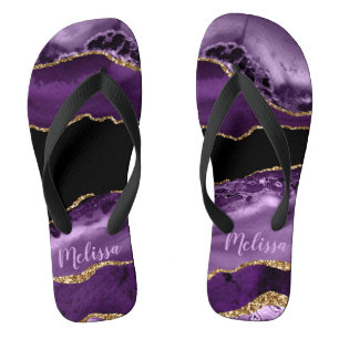 Purple Marbled Agate and Gold Glitter Flip Flops