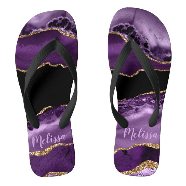 Purple Marbled Agate and Gold Glitter Flip Flops (Footbed)