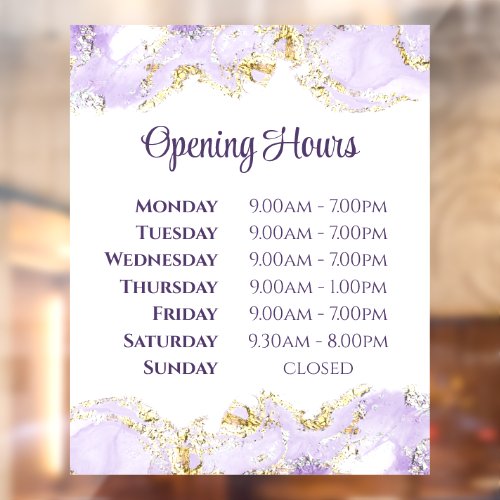 Purple marbling design opening hours window cling