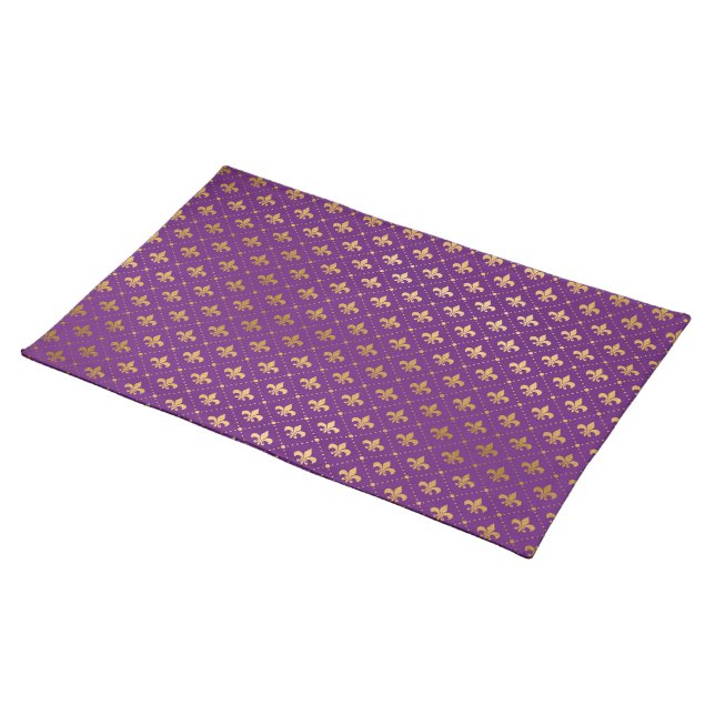Purple Mardi Gras Elegant Golden Fleur De Lis Cloth Placemat (On Table)