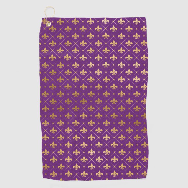 Purple Mardi Gras Elegant Golden Fleur De Lis Golf Towel (Front)