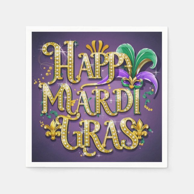 Purple Mardi Gras "Happy Mardi Gras" Napkins (Front)