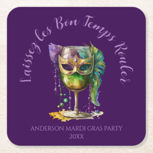 Purple Mardi Gras Mask  Square Paper Coaster