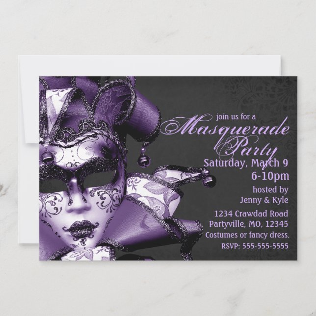 Purple Mardi Gras Masquerade Invitation (Front)