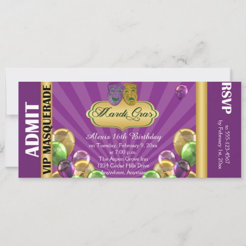 Purple Mardi Gras Party Ticket Invitation