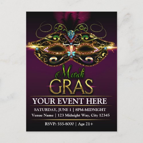 Purple MARDI GRAS Promotional Party Postcard