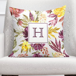 Purple Maroon Floral Watercolor Pretty Monogram Throw Pillow