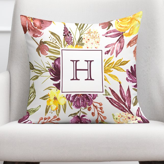 Purple Maroon Floral Watercolor Pretty Monogram Throw Pillow (Creator Uploaded)
