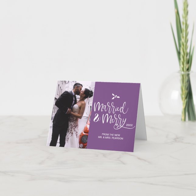 Purple, Married and Merry, Christmas, Photo Holiday Card (Front)