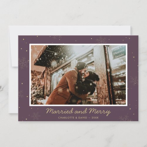 Purple Married and Merry First Christmas Photo Holiday Card