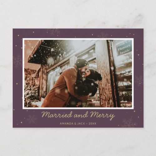 Purple Married and Merry First Christmas Photo Holiday Postcard