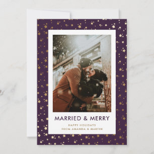 Purple Married and Merry Newlywed Photo Holiday Card