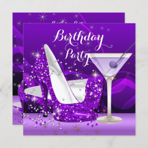 Purple Martini Glitter High Heels Birthday Party Invitation
