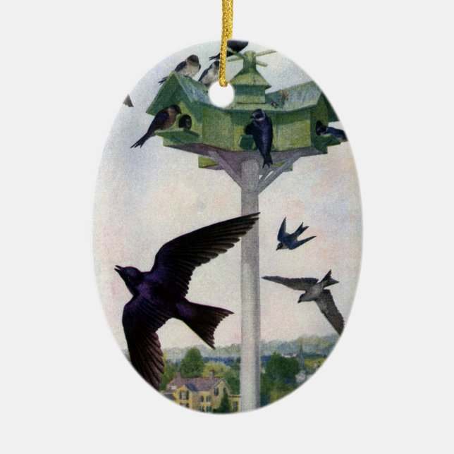 Purple Martins and Their Birdhouse Ceramic Ornament (Front)