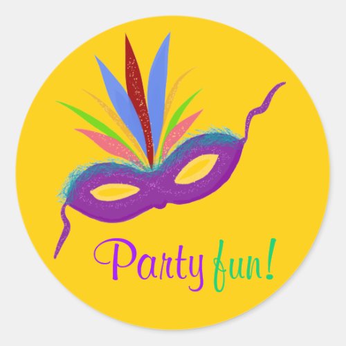 Purple Mask Feathers Mardi Gras Party Fun Orange Classic Round Sticker