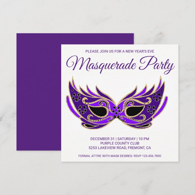Purple Mask New Year's Eve Masquerade Party Invite (Front/Back)