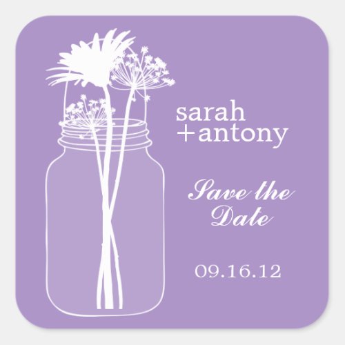 Purple Mason Jar and Flowers Wedding Square Sticker