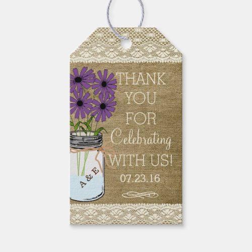 Purple Mason Jar Burlap  Rustic Country Wedding Gift Tags