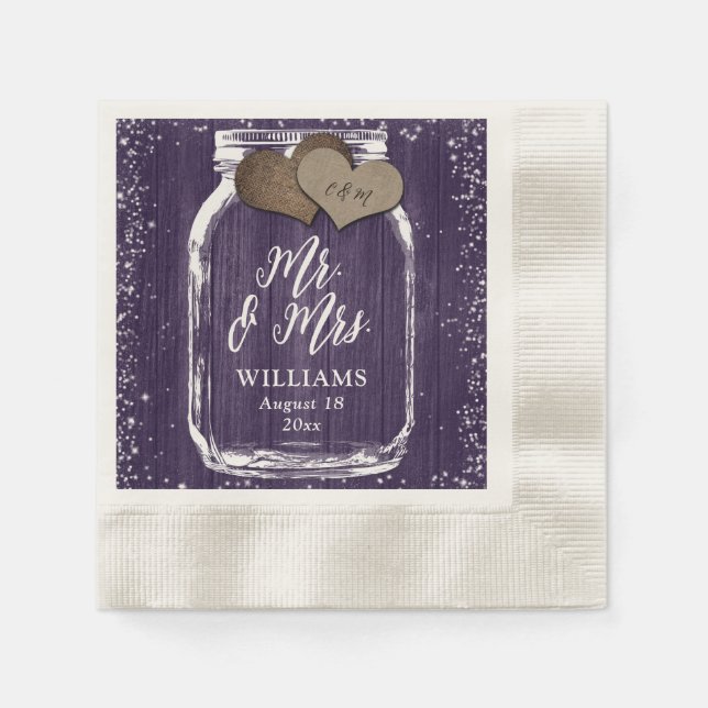 Purple Mason Jar Rustic Wood Mr. & Mrs. Wedding Napkins (Front)