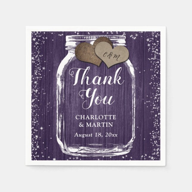 Purple Mason Jar Rustic Wood Thank You Wedding Napkins (Front)