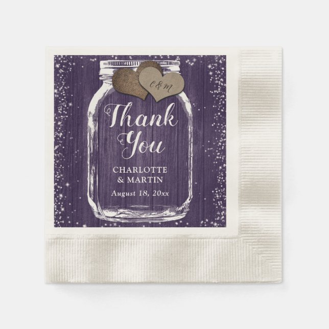 Purple Mason Jar Rustic Wood Thank You Wedding Napkins (Front)
