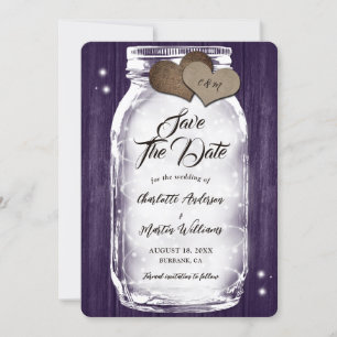 Purple Mason Jar String Lights Rustic Wood Wedding Save The Date