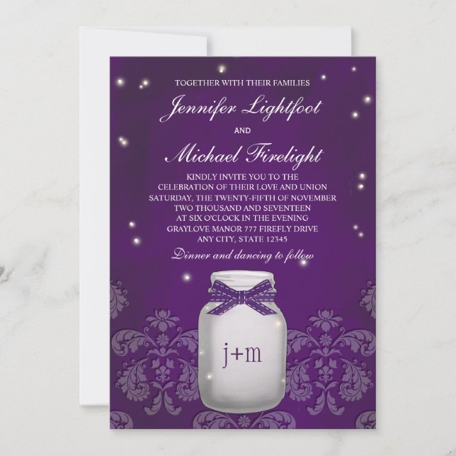 Purple Mason Jar with Fireflies Wedding Invitation (Front)