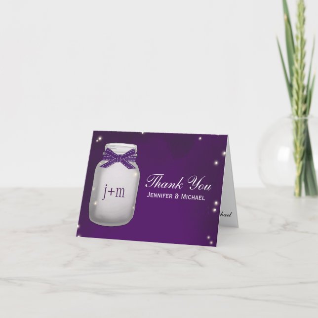 Purple Mason Jar with Fireflies Wedding Thank You (Front)