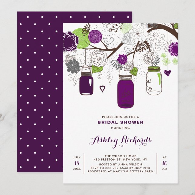 Purple Mason Jars Floral Bridal Shower Invitation (Front/Back)