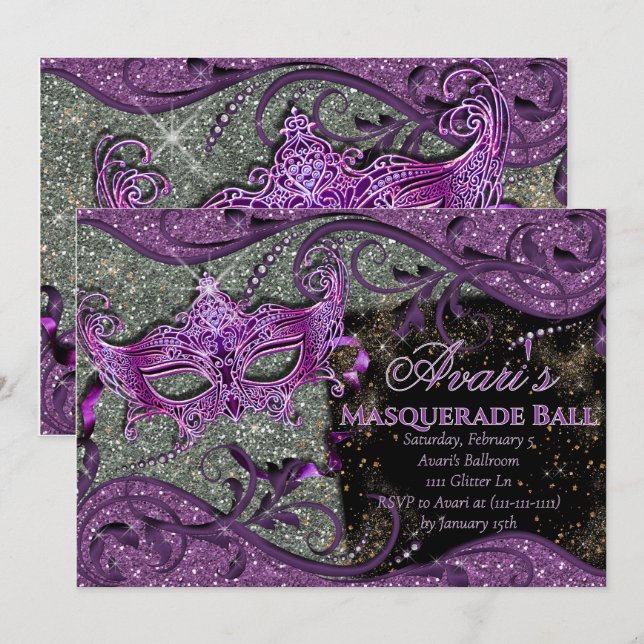 Purple Masquerade Ball Invitation, Mardi Gras Invitation (Front/Back)