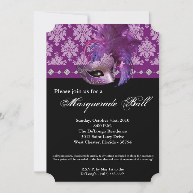 Purple Masquerade Ball Mask Costume Halloween Part Invitation (Front)