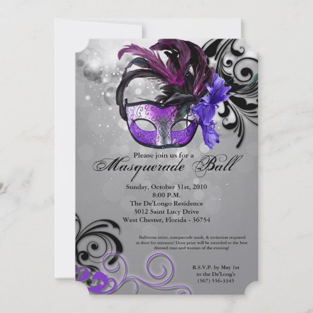 Purple Masquerade Ball Mask Costume Halloween Part Invitation (Front)