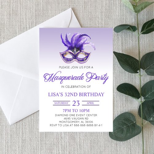 Purple Masquerade Ball Party Mardi Gras Birthday Invitation