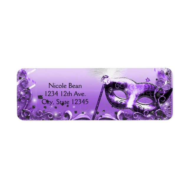 Purple Masquerade Mask Elegant Ball Party Label (Front)