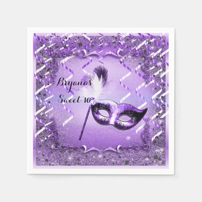 Purple Masquerade Mask Elegant Ball Party Napkins (Front)