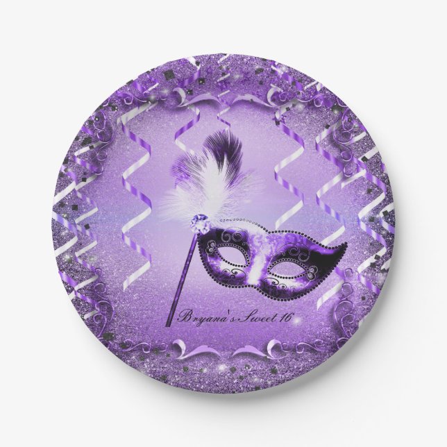 Purple Masquerade Mask Elegant Ball Party Paper Plates (Front)