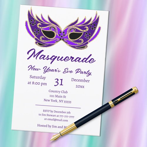 Purple Masquerade New Years Party Invitation