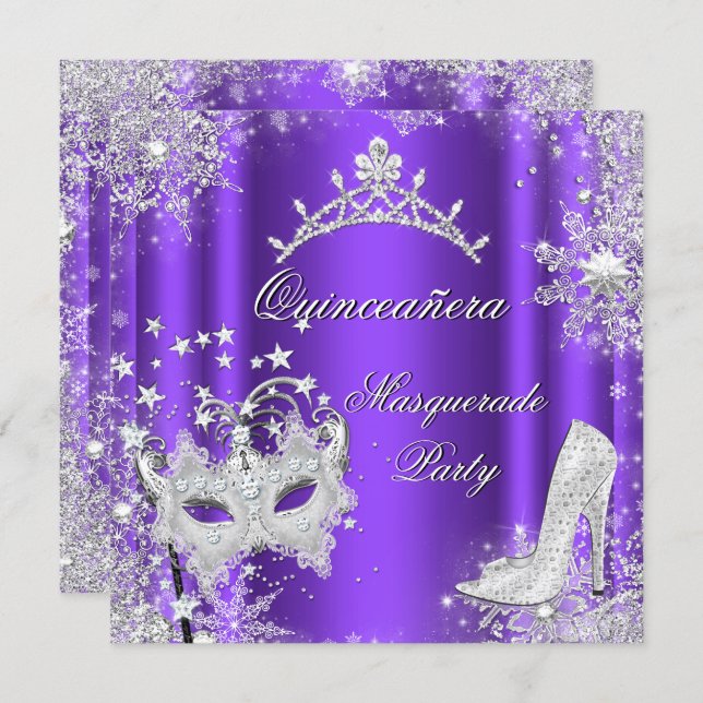 Purple Masquerade Quinceanera 15th Party Tiara Invitation (Front/Back)