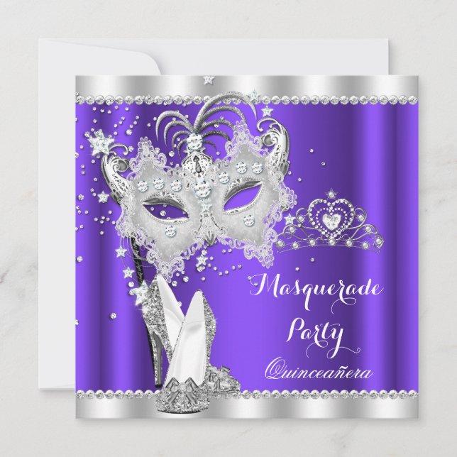 Purple Masquerade Quinceanera Mask Hi Heels Invitation (Front)