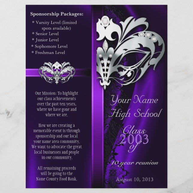 Purple Masquerade Silver Class Reunion Flyer (Front)