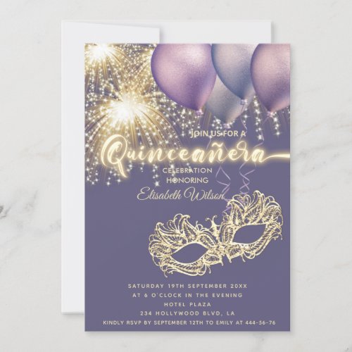 Purple Masquerade sparkling firework  Quinceaera  Invitation
