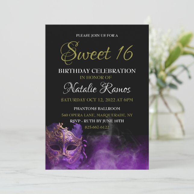 Purple Masquerade Sweet 16 Invitation (Standing Front)